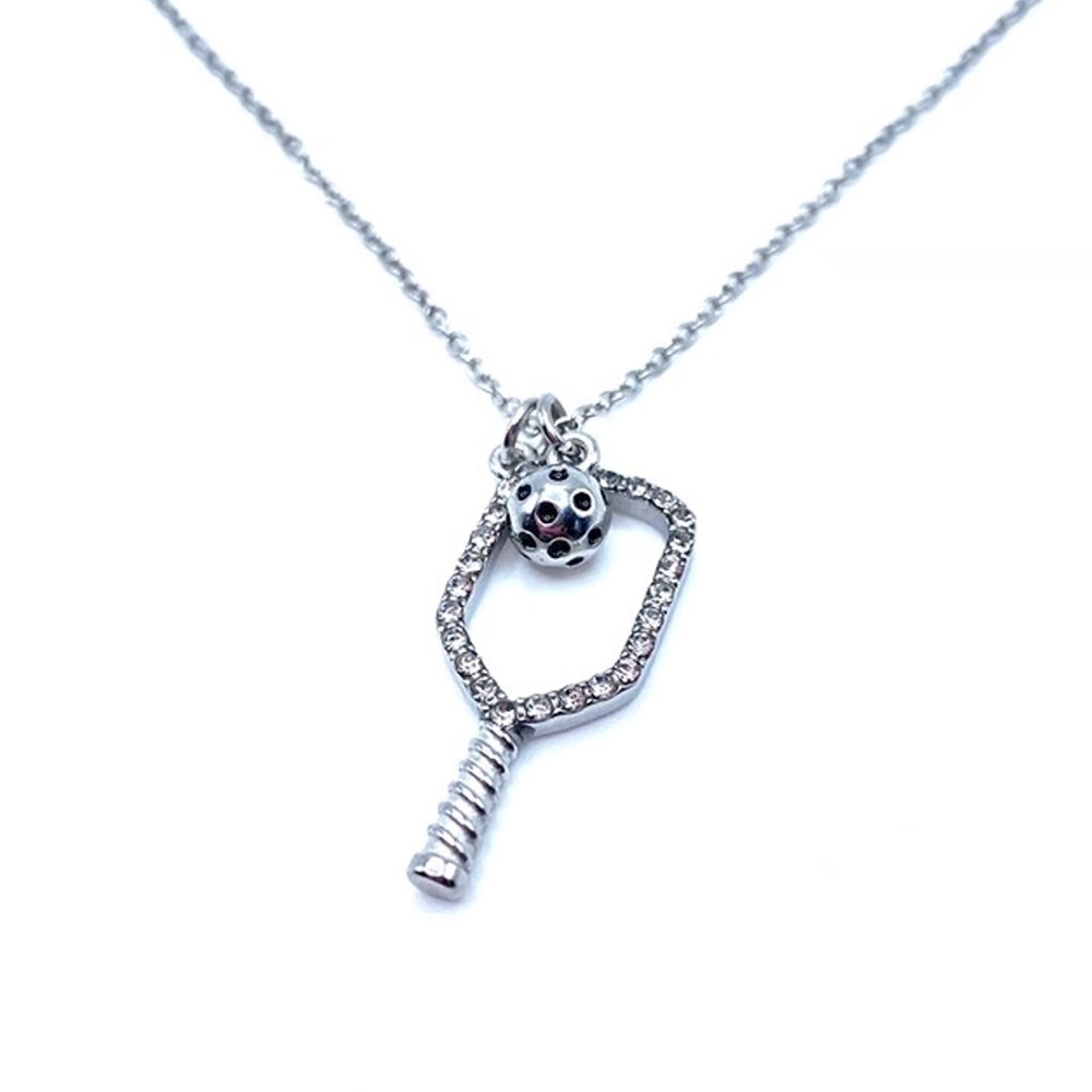 Pickleball Necklace Silver Tone Rhinestones